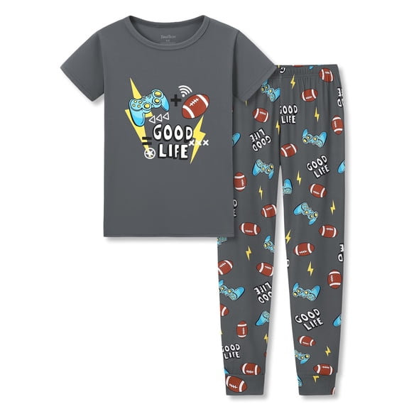 Beezizac Little & Big Boys Pajamas Gray Game & Baseball Snug-fit Short Sleeves & Pants Set Comfy PJ Set Size 10
