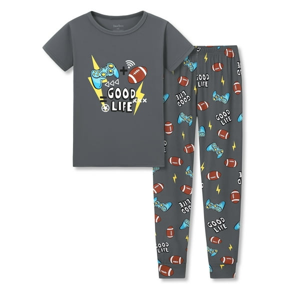 Beezizac Little & Big Boys Pajamas Gray Game & Baseball Snug-fit Short Sleeves & Pants Set Comfy PJ Set Size 8