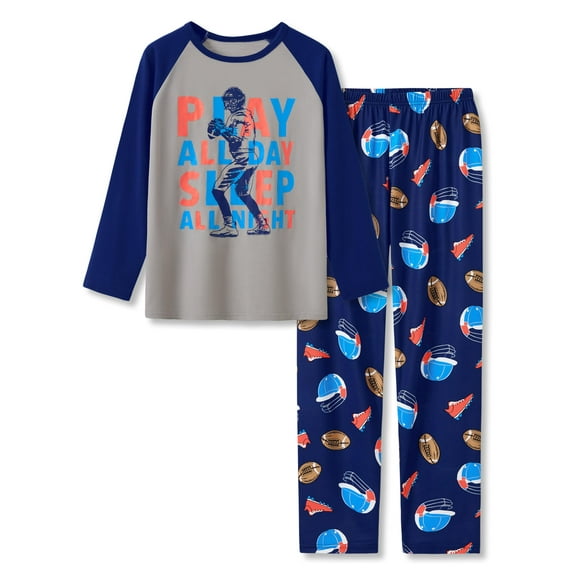 Beezizac Little Big Boys Pajamas Gray & Navy Football 2-Piece Long Sleeve & Pants PJ Set Kid Sleepwear Size 16