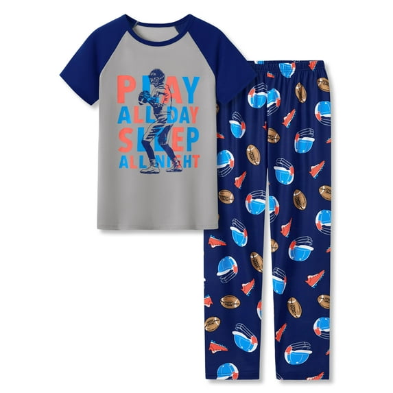Beezizac Little Big Boys Pajamas Gray & Navy Football 2-Piece Short Sleeve & Pants PJ Set Kid Sleepwear Size 10