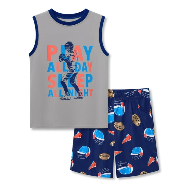 Beezizac Little & Big Boys Pajamas Gray & Navy Football 2-Piece Tank Top & Shorts Sleeve PJ Set Kid Sleepwear Size 12