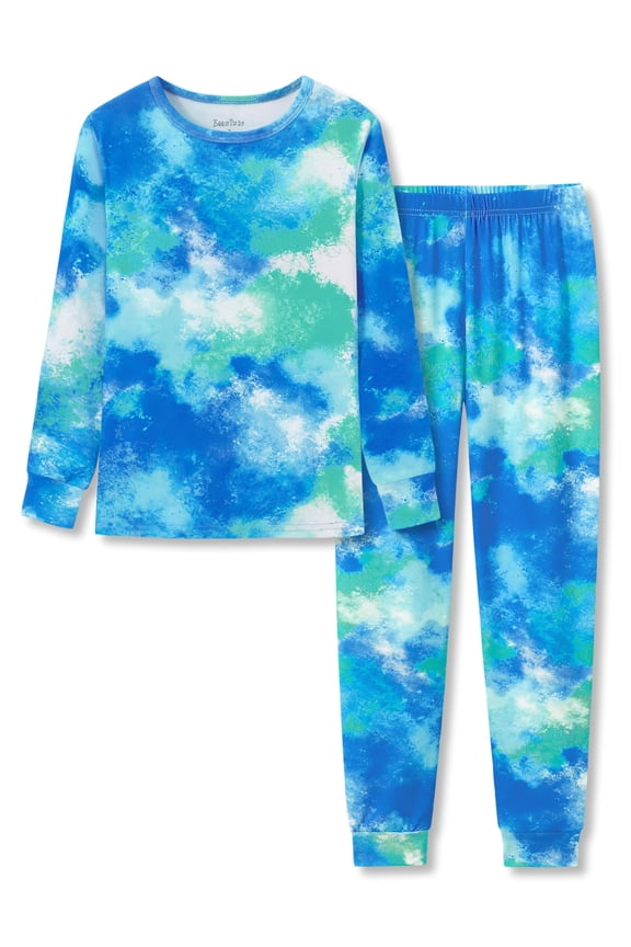 Little Big Boys Pajamas Tie Dye Blue & Green 2-Piece Snug-fit Long Sleeves Soft PJ Set Toddler Kid Size 12