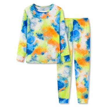 Beezizac Little Big Boys Pajamas Tie Dye Blue & Yellow 2-PC Snug-fit Comfy Long Sleeve PJ Set Kid Sleepwear Size 12