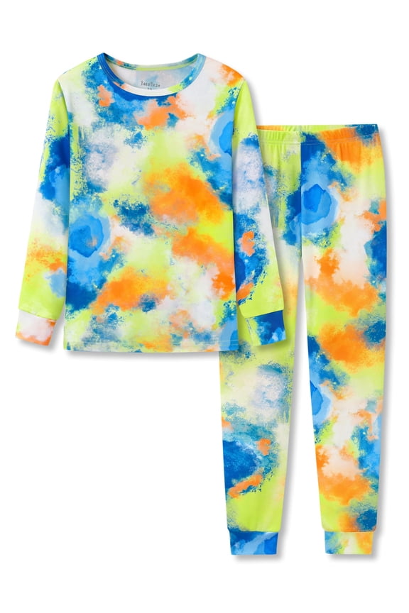 Little Big Boys Pajamas Tie Dye Blue & Yellow 2-PC Snug-fit Comfy Long Sleeve PJ Set Kid Sleepwear Size 7