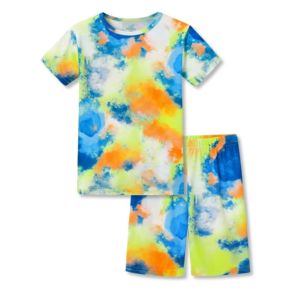 Beezizac Little Big Boys Pajamas Tie Dye Blue & Yellow 2-PC Snug-fit Comfy Short Sleeve PJ Set Kid Summer Size 10