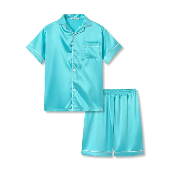 Beezizac Little & Big Girls Pajama Set Baby Blue Satin Silky Soft Outfit Kid Summer Short Sleepover PJ 2-Piece Size 10