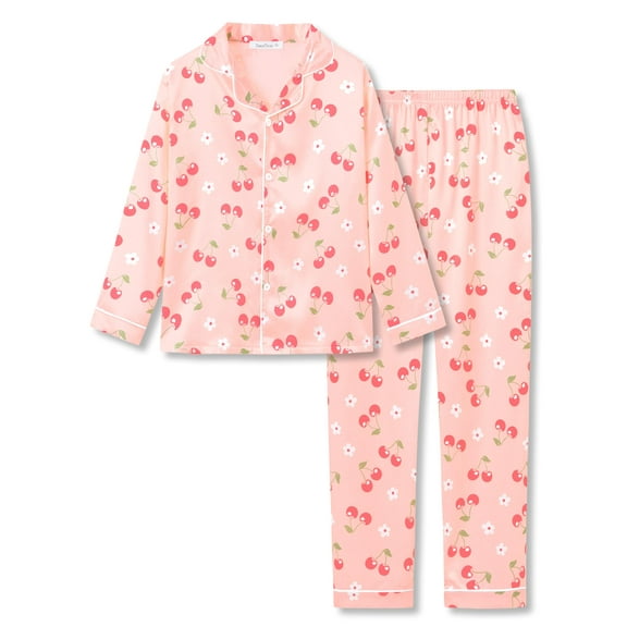 Beezizac Little & Big Girls Pajama Set Cherry Pink Satin Silky Soft Long Sleeve Cute 2-Piece Winter Jammies Kid Size 16