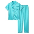 thumbnail image 1 of Beezizac Little & Big Girls Pajama Set Size 10 - 2-PC Baby Blue Satin Silky Cozy Short Sleeve & Pant Classical Sleepover PJ, 1 of 7