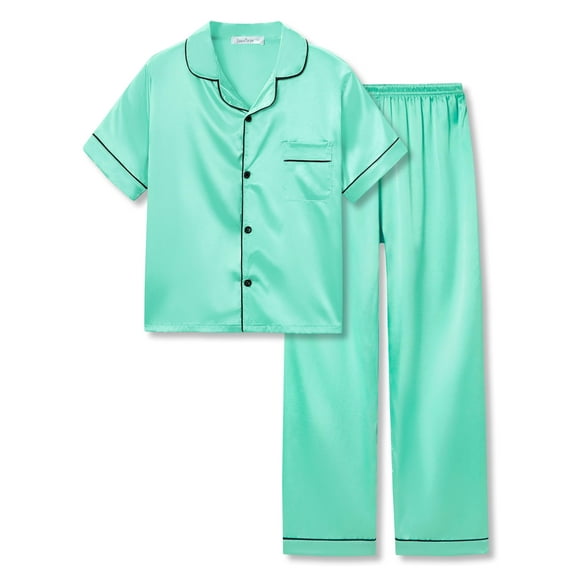 Beezizac Little & Big Girls Pajama Set Size 10 - Turquoise Satin Silky Soft Summer Teen Cute Jammies