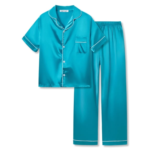 Beezizac Little & Big Girls Pajama Set Size 6/7 - River Blue Satin Silky Fall Coat Style Lightweight 2pc Pjs