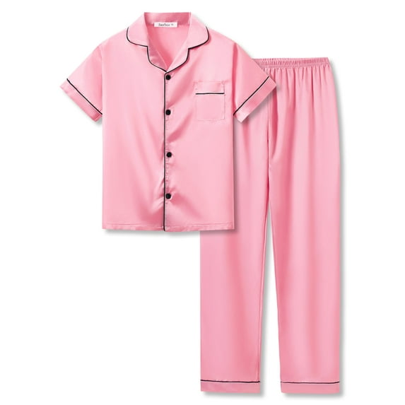 Beezizac Little & Big Girls Pajama Set Size 8 - Pink Satin Silky Short Sleeve & Pant Button 2-PC Tween Trendy Kid Outfit