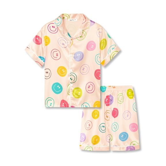 Beezizac Little & Big Girls Pajama Short Sleeve Set 2-Piece Faces Peach Satin Silky Cozy Kid Sleepover PJS Size 12