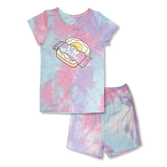 Beezizac Little & Big Girls Pajama Tie Dye Cotton Purple Egg Sandwich Cute 2-Piece Short Sleeve Set PJ Kid Size 14