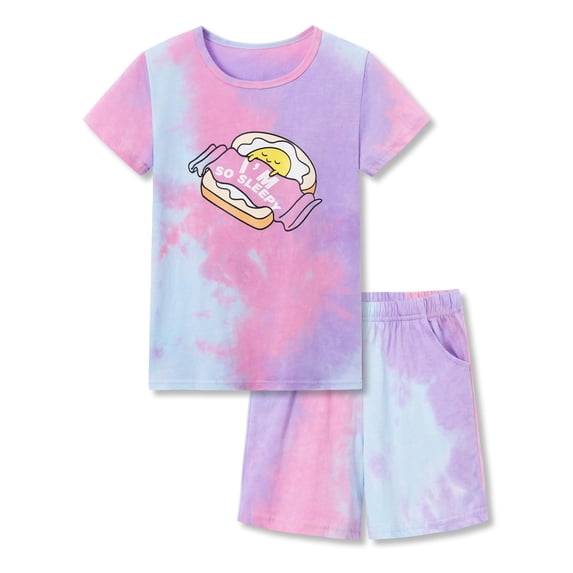 Beezizac Little & Big Girls Pajama Tie Dye Cotton Purple Egg Sandwich Cute 2-Piece Short Sleeve Set PJ Kid Size 8