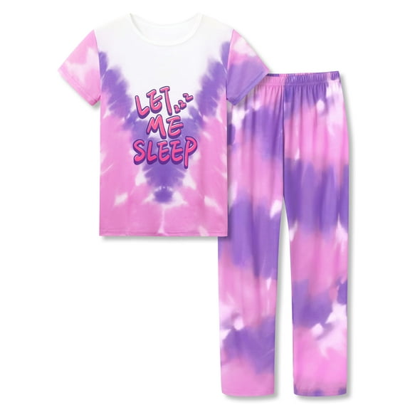 Beezizac Little & Big Girls Pajama Tie Dye Pink & Purple Let Me Sleep Short Sleeves & Pants 2-Piece Sets Size 12