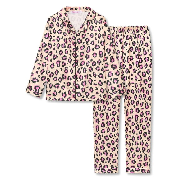 Beezizac Little & Big Girls Pajama Yellow & Pink Leopard Satin Silky Long Sleeves Set Trendy Cozy 2-PC Outfit Kid Size 16