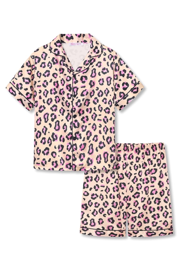 Little & Big Girls Pajama Yellow & Pink Leopard Satin Silky Short Sleeves Set Trendy Cozy 2-PC Outfit Kid Size 16