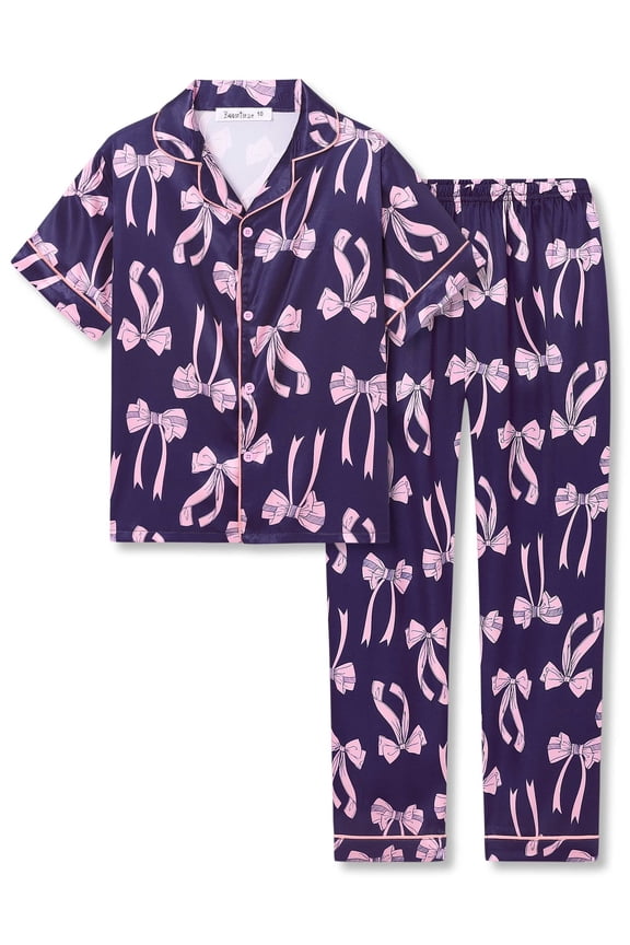 Little & Big Girls Pajamas Dark Blue Bow Comfy Satin Silky Short Sleeves & Pants Set Kid Sleepwear Size 8