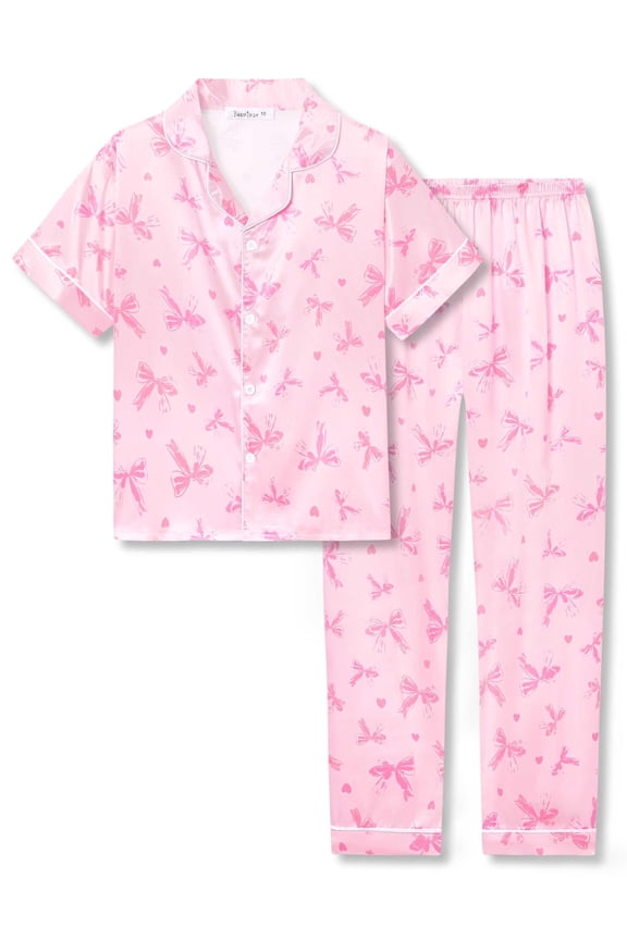 Little & Big Girls Pajamas Pink Bow & Heart Comfy Satin Silky Short Sleeves & Pants Set Kid Sleepwear Size 6/7