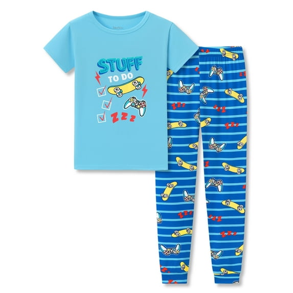 Beezizac Little Bigs Boy Pajamas Blue Skate & Game 2-PC Snug-fit Comfy Short Sleeves & Pants Set PJ Set Kid Size 7