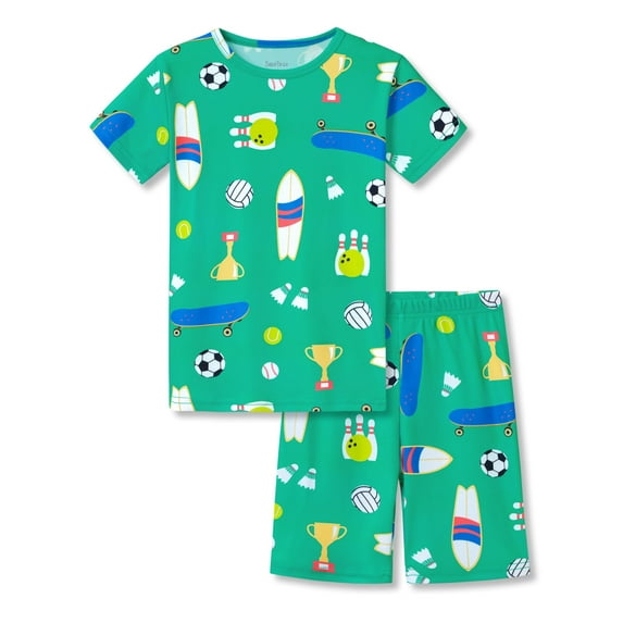 Beezizac Little Boys Pajamas Green Sport Balls 2-Piece Comfy Snug-fit Short Sleeve PJ Set Big Kid Children Size 14