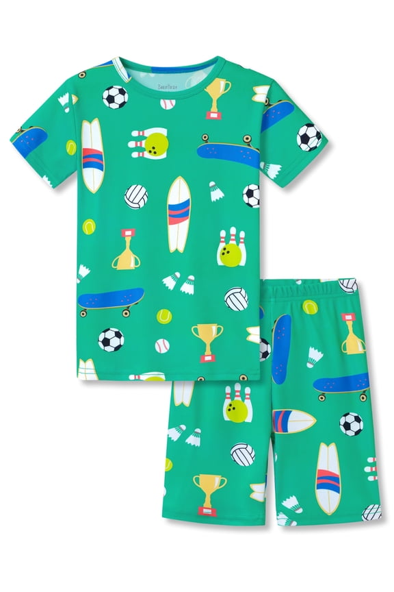 Little Boys Pajamas Green Sport Balls 2-Piece Comfy Snug-fit Short Sleeve PJ Set Big Kid Children Size 5T