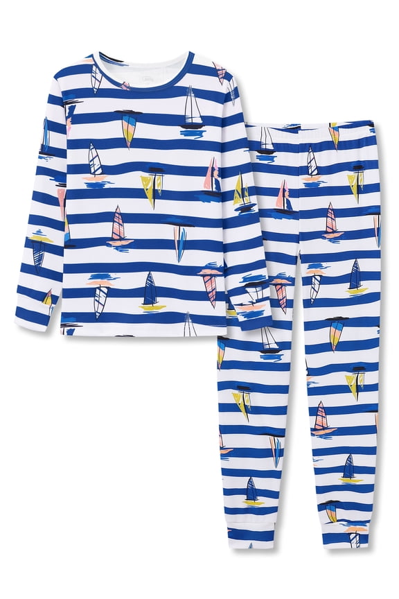 Little Boys Pajamas - Soft Snug-fit PJs Long Sleeves & Pants Set Blue Stripes Sailboats Toddler Jammies Size 12