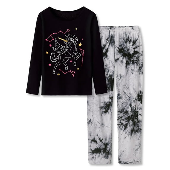 Beezizac Pajama For Girls Tie Dye Black Unicorn Constellation Cozy Cotton Long Sleeve Set 2-PC PJ Size 10