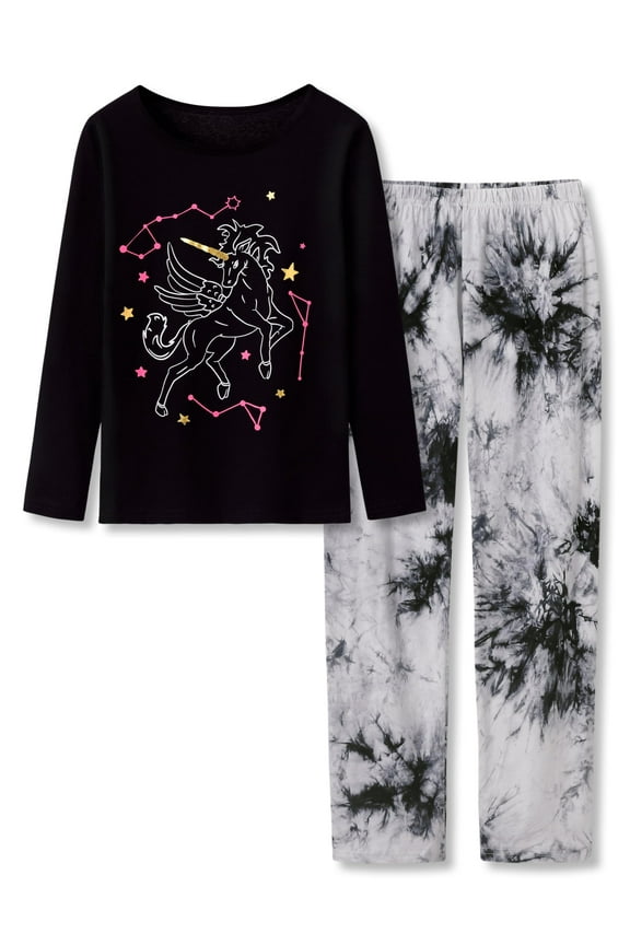Pajama For Girls Tie Dye Black Unicorn Constellation Cozy Cotton Long Sleeve Set 2-PC PJ Size 5T