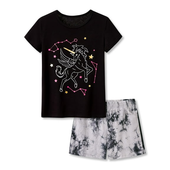 Beezizac Pajama For Girls Tie Dye Black Unicorn Constellation Cozy Cotton Short Sleeve Set 2-PC PJ Size 4T