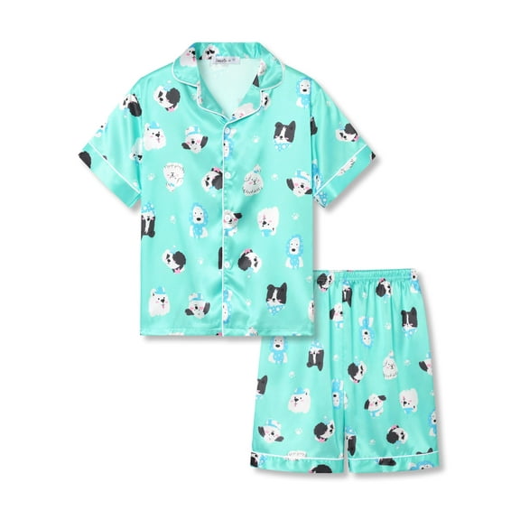 Beezizac Pajama for Girls Satin Silky Green Dogs Sleep Sleeves Set Cozy 2-Piece Kid PJ Sets Size 14