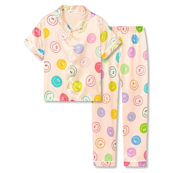 Beezizac Pajama for Girls Satin Silky Short Sleeve & Pants Set Faces Peach Comfy Soft Kid Sleepover PJS 2-Piece Size 8