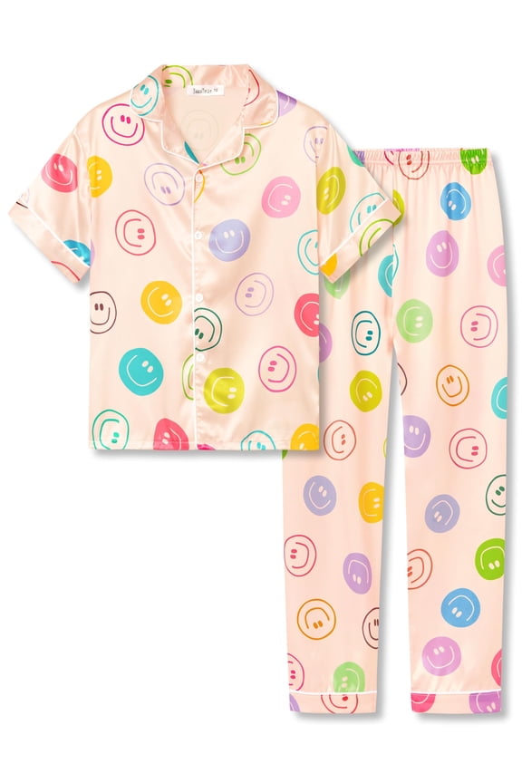 Pajama for Girls Satin Silky Short Sleeve & Pants Set Faces Peach Comfy Soft Kid Sleepover PJS 2-Piece Size 8