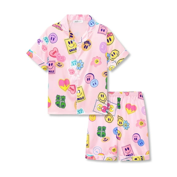 Beezizac Pajama for Girls Short Sleeves Set Faces Pink Silky Satin Stylish Button Soft 2-Piece PJ Size 12