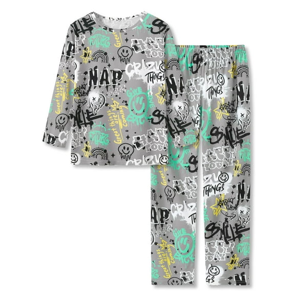 Beezizac Pajamas For Big Boys Fun Gray Graffiti Long Sleeve 2-Piece PJ Set Soft Sleepwear Size 10