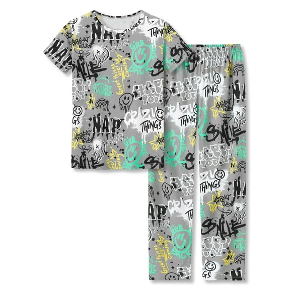 Beezizac Pajamas For Big Boys Fun Gray Graffiti Short Sleeves & Pants 2-PC PJ Set Soft Outfit Size 16