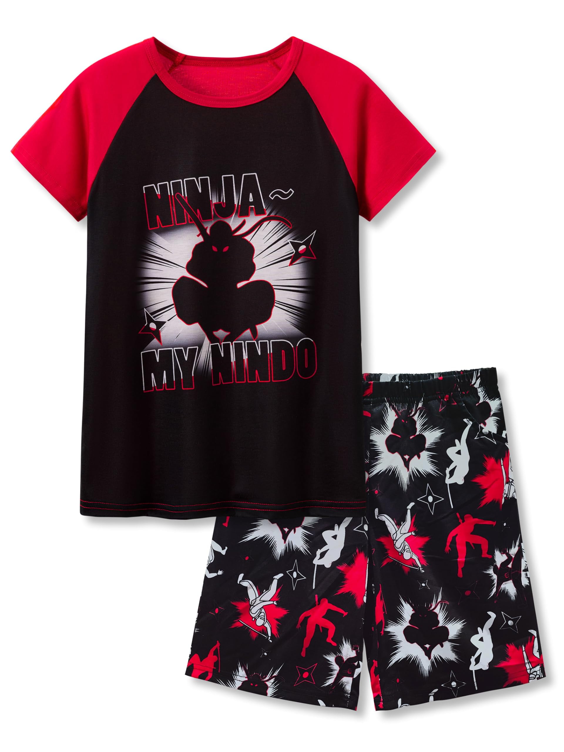 Beezizac Pajamas For Big Boys Red Ninja Short Sleeve 2-Piece PJ Set