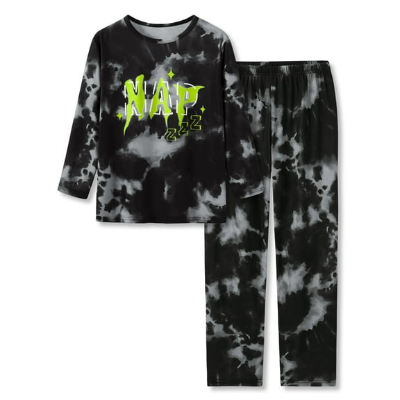Beezizac Pajamas For Boys Trendy Black Tie Dye Long Sleeve Set 2-PC PJ Kid Cozy Sleepwear Size 8