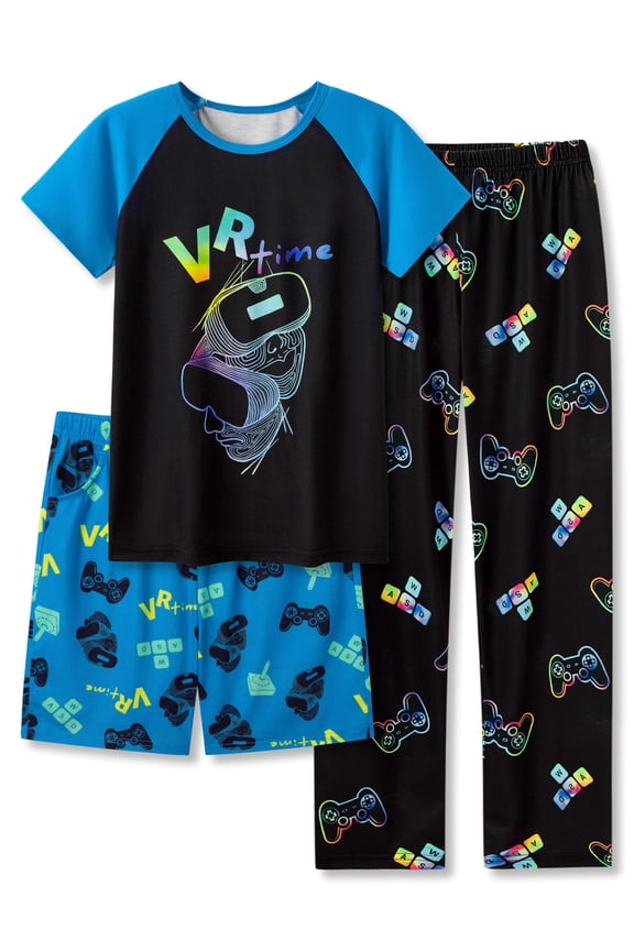 Pajamas For Boys VR Time Gamer Cool Short Sleeves Shorts & Pants 3-Piece Soft Kid PJ Set 12