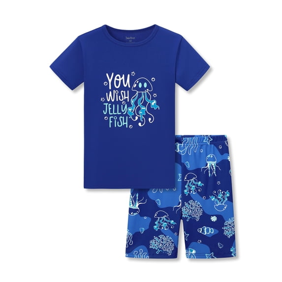 Beezizac Pajamas For Little & Big Boys Blue Jellyfish Comfy Snug-fit Short Sleeve Kid 2-Piece PJ Set Summer Size 7