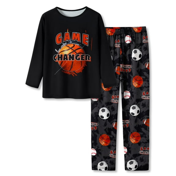 Beezizac Pajamas For Little Big Boys Cool Black Basketball Long Sleeve 2-PC Cozy PJ Set Kid Size 12