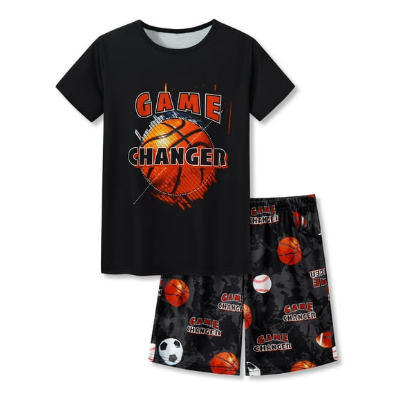 Beezizac Pajamas For Little Big Boys Cool Black Basketball Short Sleeve 2-PC Cozy PJ Set Kid Size 10