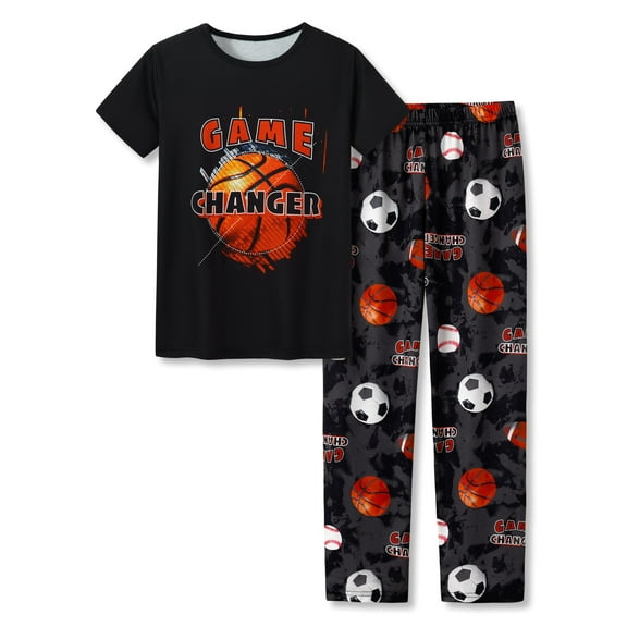 Beezizac Pajamas For Little Big Boys Cool Black Basketball Short Sleeve & Pants 2-PC Cozy PJ Set Kid Size 14