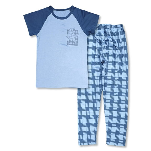 Beezizac Pajamas for Boys Blue Plaid Dinosaur Short Sleeve & Pants 2-Piece Comfortable PJ Set Kid Jammies Size 12