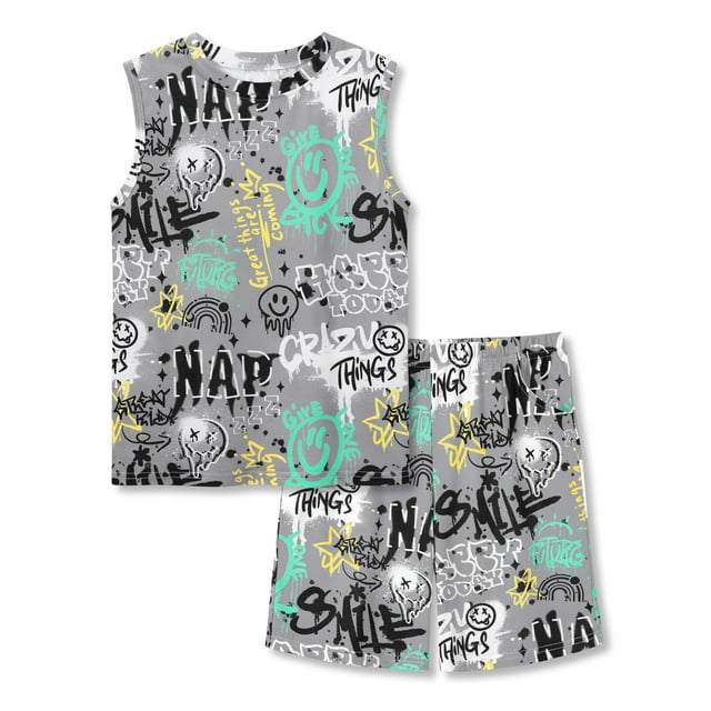 Beezizac Pajamas for Boys Cool Gray Graffiti Tank Top & Shorts Sleeve 2-Piece PJ Set Soft Summer Sleepwear Size 12