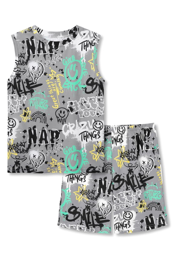 Pajamas for Boys Cool Gray Graffiti Tank Top & Shorts Sleeve 2-Piece PJ Set Soft Summer Sleepwear Size 6