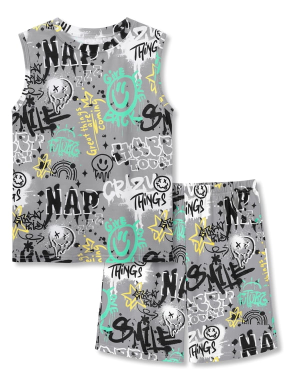Pajamas for Boys Cool Gray Graffiti Tank Top & Shorts Sleeve 2-Piece PJ Set Soft Summer Sleepwear Size 8