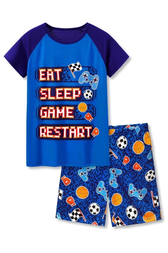 Pajamas For Boys Fun Blue Gamer Short Sleeve 2-Piece PJ Set Kid Comfy Sleepwear Size 14