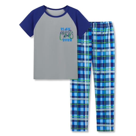 Beezizac Pajamas for Boys PLAY OVER Plaid Gamer 2-Piece Short Sleeve & Pants Cozy PJ Set Kid Sleepwear Size 6