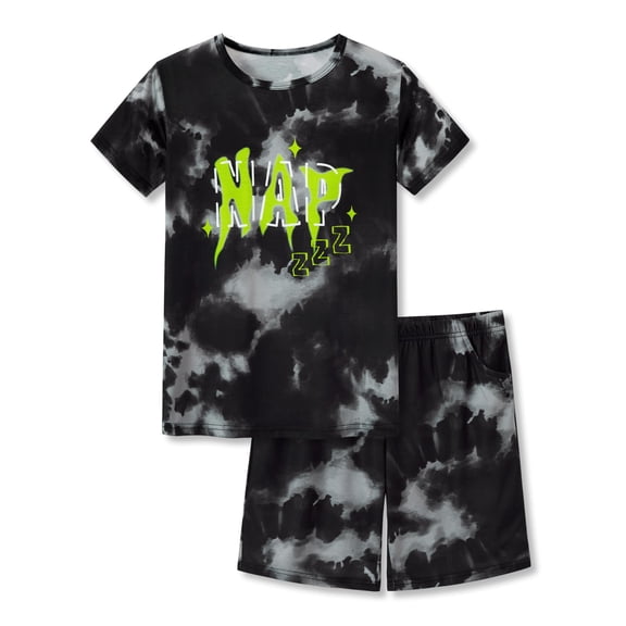 Beezizac Pajamas for Boys Trendy Black Tie Dye Short Sleeve Set 2-PC PJ Kid Cozy Sleepwear Size 16